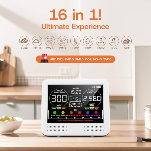 Image of 16-in-1 Indoor Air Quality Monitor with PM1.0,PM2.5,PM10,CO2,HCHO,TVOC,Temperature,Humidity,Time Display &7 AQI Alarms - Professional Air Quality Tester for Home, Office & Indoor Use (Ivory White)