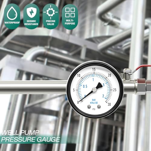 Image of 0-30PSI Well Pump Pressure Gauge 2 inch Dial Size, 1 /4 inch NPT Back Mount, 3-2-3% Accuracy, for Tube, Water Pump, Gas, Liquid, Pressure Test