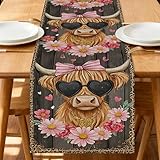 Camino de mesa floral de vaca, ramo de lentes de sol de corazón vintage, decoración rústica para el hogar, comedor, reuniones de vacaciones de primavera, 13 x 72 pulgadas