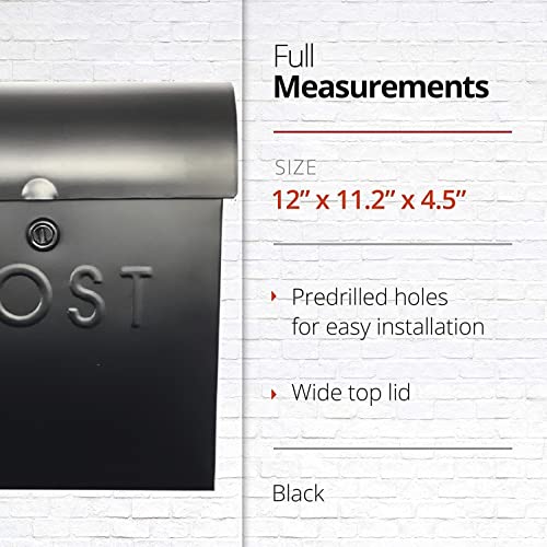 Image of NACH Locking Black Wall Mount Mailbox, Durable Euro Black Mailboxes for Outside, Features Pre Drilled Holes for Easy Installation, Waterproof & Rust-Resistant, 12 x 11.2 x 4.5 Inches