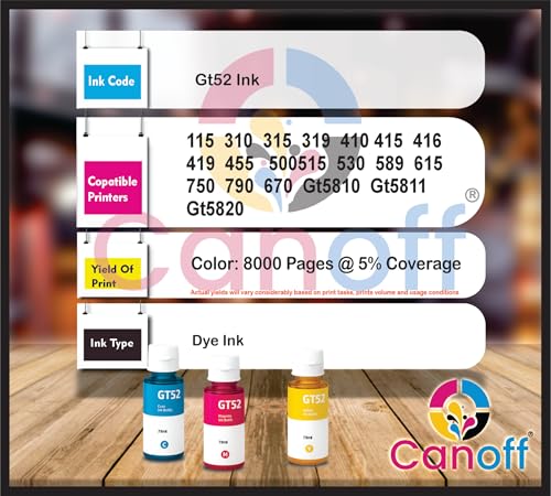 Image of CANOFF GT 52 Refill Ink Compatible for HP Ink Tank 115,310,315,319,410,415,416,419,455,500,515,530,589,615,750,790,670,GT5810,GT5811,GT5820 (GT52 CMY)