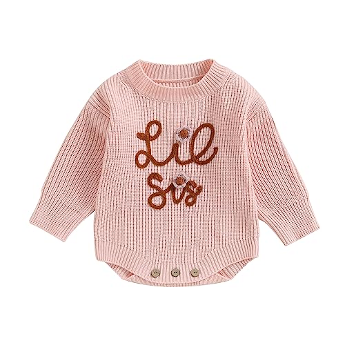 VISGOGO Big Little Sister Matching Sweater Baby Girls Knitted One-Piece Outfits Toddler Brother Sweatshirt Clothes (Pink-Lil Sis, 0-3 Months)