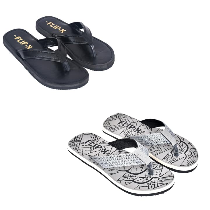 Image of Flip X Men's Slippers Combo Pack (Black Faux Leather & Grey Natural Rubber) | Comfortable Wear Flip-Flops with TPR Sole | Casual, Indoor & Outdoor Use