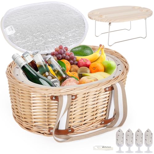 Zettfuly Picknickkorb-Set für 4 Personen – Isolierter Weidenkorb mit klappbarem Weintisch, Picknickset mit Innenfutter für Paare, Camping, Outdoor, Valentinstag (Kirsche)