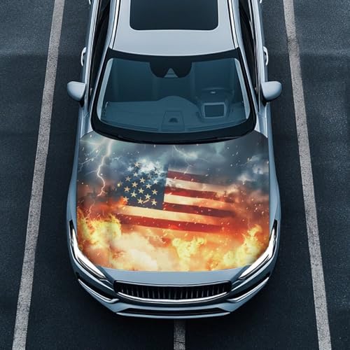 Image of Car Hood Cover Car Hood Protector Auto Banner All Weather Universal Auto Decorative Accessories for Compact Sedans SUV Trucks Minivan (US Flag Flames and Lightning Design)