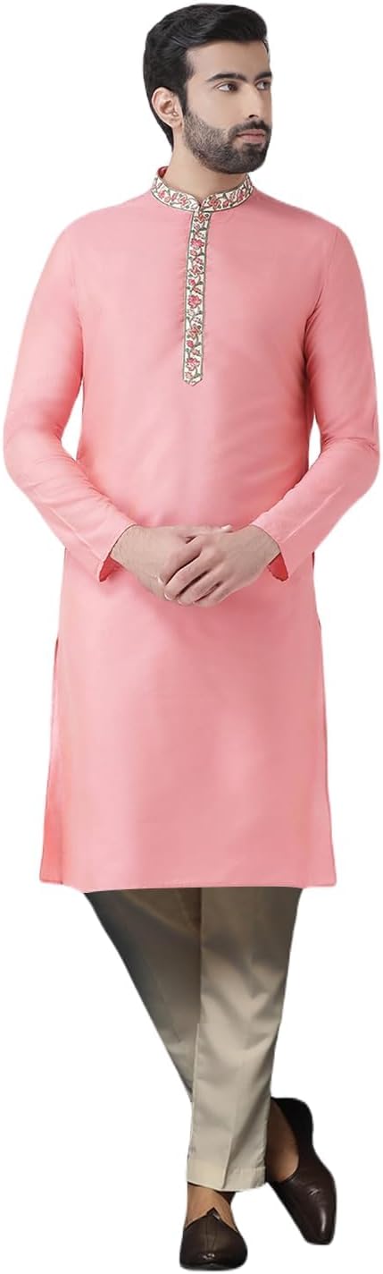 KISAH Men's Kurta – Solid Pattern Cotton Blend Tunic with Mandarin Collar, Regular Fit – Indian Wedding Outfit for Men – Festive Wear for Diwali, Eid & Celebrations, Hot-Pink, 42