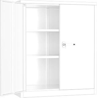 INTERGREAT Metal Garage Storage Cabinet, 36" Locking Counter Cabinet with 2 Locking Doors and 2 Adjustable Shelves, Small Steel Cabinet for for Home Office, Gym, School(White)