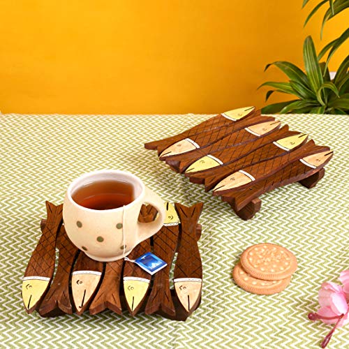 Image of AAKRITI ART CREATIONS Wooden Fish Shape Coaster Handcrafted Set of 2 | Madhubani Art | Natural Brown Wooden Coasters | Matte Finish Table Coasters | Dining Table & Home