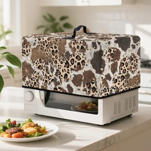 Image of Microwave Oven Cover Dust-Proof Small Kitchen Appliance Protector Air Fryer Toaster Oven Cover Kitchen Baking Accessories, L, 20.9 x 15.7 x 12.4 Inches, Leopard Cow Print Brown Beige