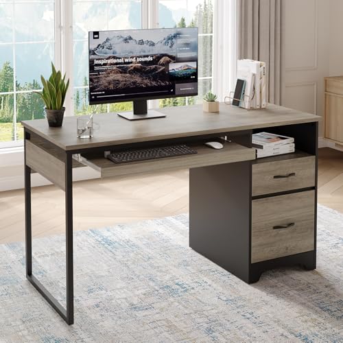 Bestier 48” Computer Desk with Drawers, Office Desk with Storage, Industrial Wood Writing Desk with File Drawer, Keyboard Tray & 2 Hooks for Home Office & Studio, Gray