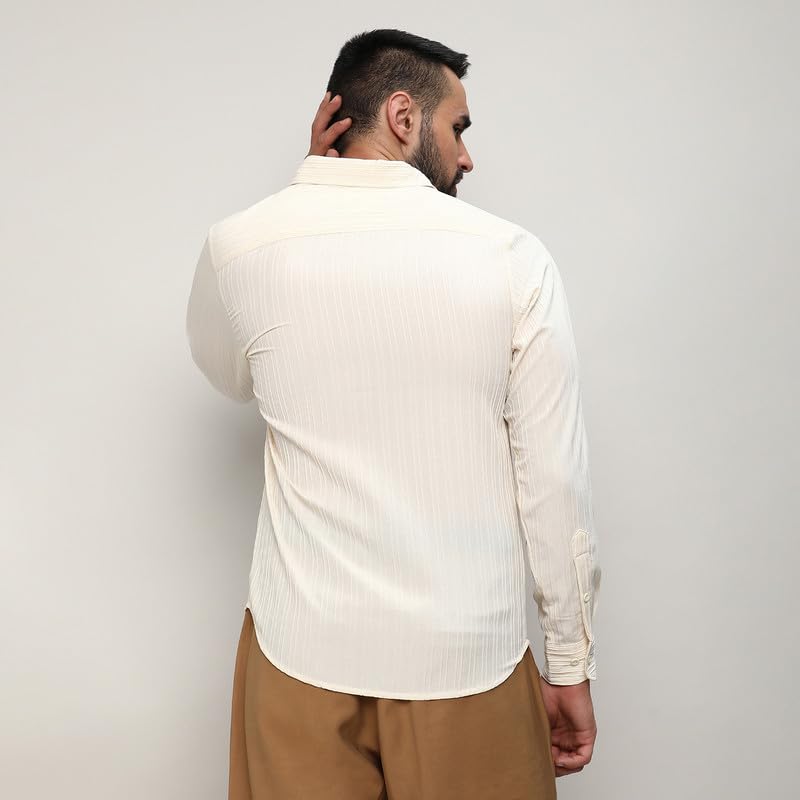 Image of CAHOOT Men's Self-Design Striped Shirt for Casual Wear | Spread Collar | Long Sleeve | Button Closure | Shirt Crafted with Comfort Fit for Everyday Wear