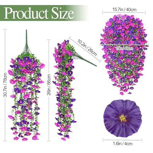 TOCHGREEN Artificial Fake Hanging Flowers Plants for Outdoor Decoration 4PCS Faux Silk Morning Glory Flowers UV Resistant Hanging Plants for Home Porch Patio Garden Decor (Purple F image 3
