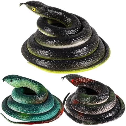 HFATMOS Rubber Snakes Toy, 3 Pcs Realistic Fake Snake Toys in 27inch and 47inch, Fake Rubber Snake Toy for Halloween Party, Prank Snake Props for Garden to Scare Birds and Squirrels Cover