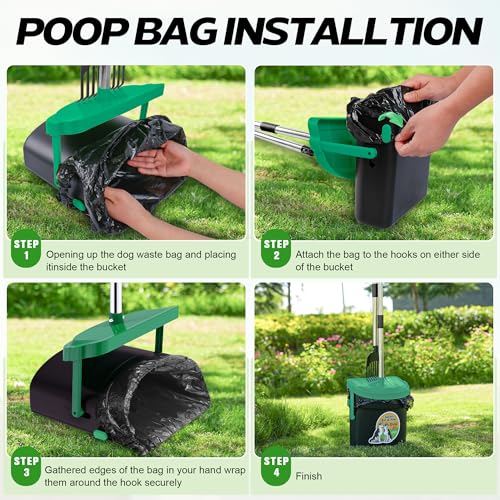 Image of UPSKY 33.4 inch Dog Pooper Scooper Swivel Bin & Rake Kit with 100 Waste Bags | Long Handle Heavy Duty Pet Poop, Stainless Steel, Easy to Install, Odor-proof Lid for All Dog Sizes-Yard /Lawn /Outdoor Use