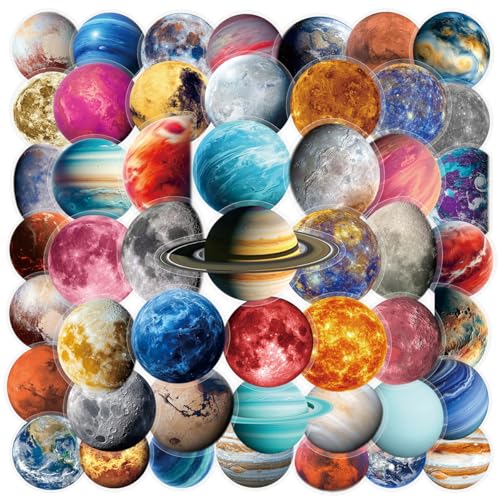 50 Pcs PET Planet Stickers - Waterproof Vinyl Removable No Residue Stickers for Skateboard Fridge Laptop Phone Luggage Suitable for All Ages(Planet)