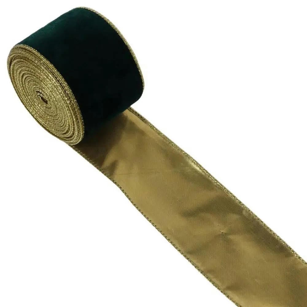 Samtband-Set, 9,1 m, Samtband mit Draht, 6,3 cm breit, goldener Rand, zerdrücktes Weihnachts-Geschenkband for Heimwerker, Kunsthandwerk, Party, Weihnachten, Hochzeit (grün)