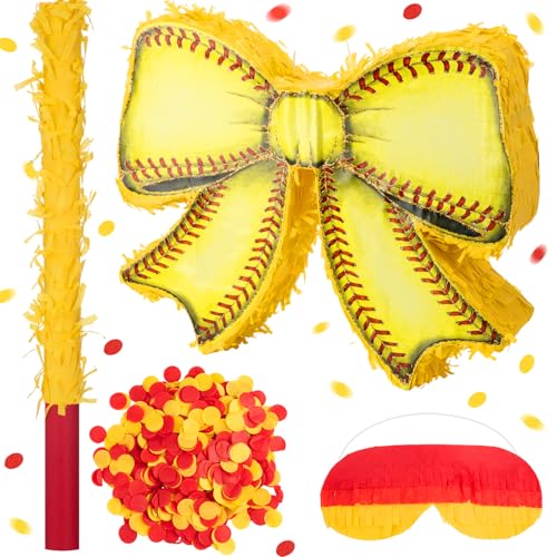 Arrowbash 15 Inch Softball Bow Piñata Set with Bat, Yellow, Softball