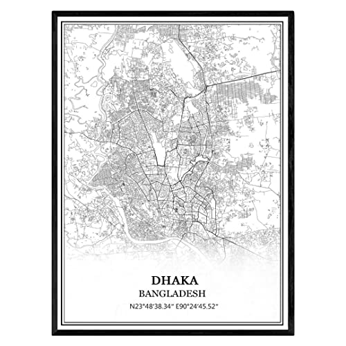 TANOKCRS Dhaka Bangladesh Map Wall Art Canvas Print Poster Artwork Unframed Modern Black and White Map Souvenir Gift Home Decor 9x11 Inches