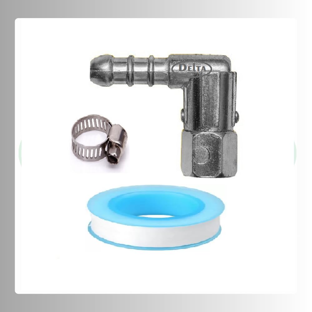 DELTA Gas Stove Replacement Parts | 360° Rotating Zink Casted Gas Nozzle for Easy Connection from Any Direction Thread Size 10MM BSPx10 MM Nozzle with Sealing Tape and Hose Pipe Clamp (Znk Nzl 10 MM)