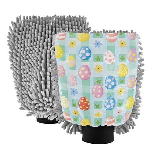 Easter Eggs Stripe Flowers Wash Mitten for Cars 2 Pack Car Washing Gloves Scratch Free Cleaning Mitten for Wash Drying