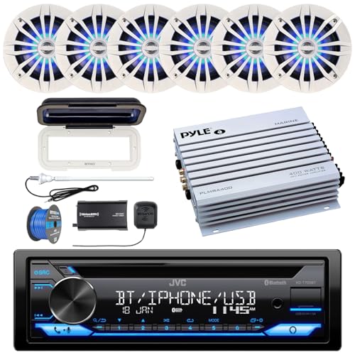 Image of Single DIN AM /FM Radio Bluetooth CD Player Receiver, Radio Cover, 6x 6.5 inch 2 Way 180 Watt Multicolor LED Speakers (White), 4-Channel Amplifier, Satellite Radio Tuner Kit, Antenna, Wire