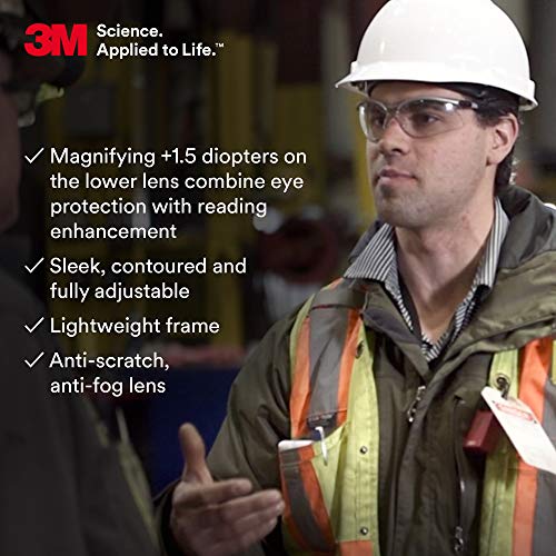 3M Safety Glasses with Readers, BX, +1.5, ANSI Z87, Anti-Fog Anti-Scratch Clear Lens, Silver Frame, Adjustable Length Temples and Lens Angle