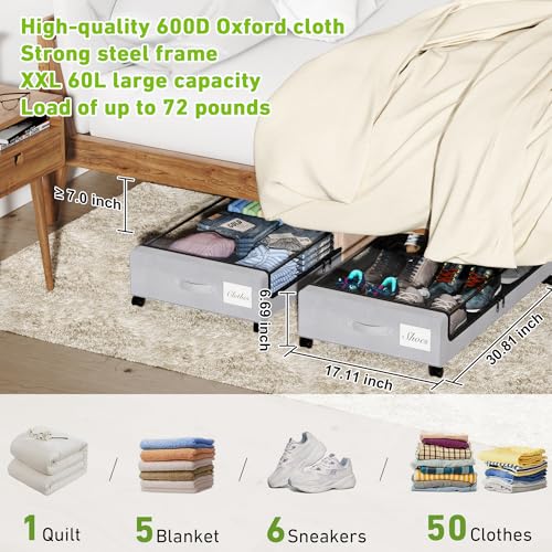 Image of YAASHEEN Under Bed Storage with Wheels, 2-Pack Under Bed Storage Containers with Clear Lids & Label, XXL 60L Rolling Metal Drawer for Clothes, Shoes, Toys, Books - Gray