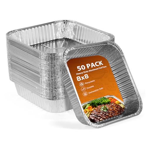 Whaleme 8x8 Foil Pans 50 Pack Heavy Duty Square Aluminum Baking Pans