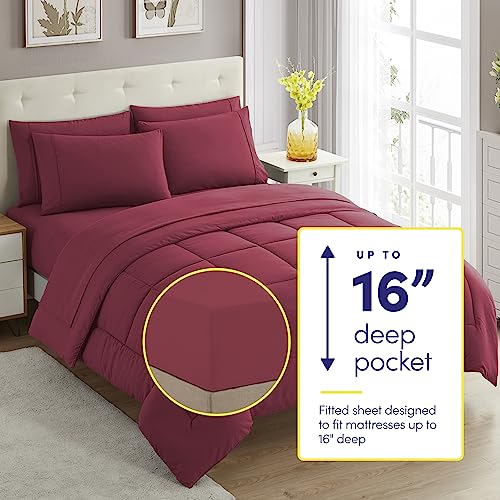 RV Short Queen Comforter Set for RV Camper - Comforter Set with Fitted & Flat Sheet, 4 Pillowcases - Tailored for RV Short Queen Beds - Cozy Essentials for Your RV Bedroom, Burgundy