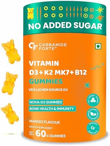 Carbamide Forte Vitamin D3 K2 B12 Gummies | Vitamin B12 Supplements & Vitamin D Supplement | Plant Based Veg Lichen Source D3 Supplement For Bone Health | Mango Flavor - 60 Gummies