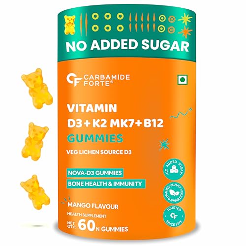 Image of Carbamide Forte Vitamin D3 K2 B12 Gummies | Vitamin B12 Supplements & Vitamin D Supplement | Vitamin K2 Supplements | Plant Based Veg Lichen Source D3 Supplement for Bone Health | Mango Flavor - 60 Gummies