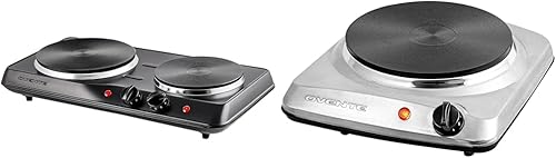 OVENTE Quemador doble eléctrico para encimera, placa de cocina de 1700 W con placas calientes de hierro fundido de 7.25 pulgadas y 6.10 pulgadas y