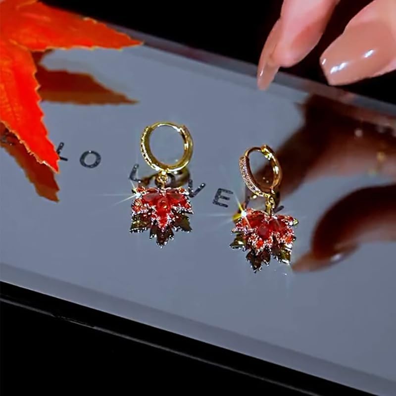 Orange Maple Leaf Dangle Drop Small Gold Hoop Huggie Earrings for Women, Cute Sparkly Crystal Cubic Zirconia Rhinestone Fall Autumn Holiday Accessories Jewelry Gift - Image 7