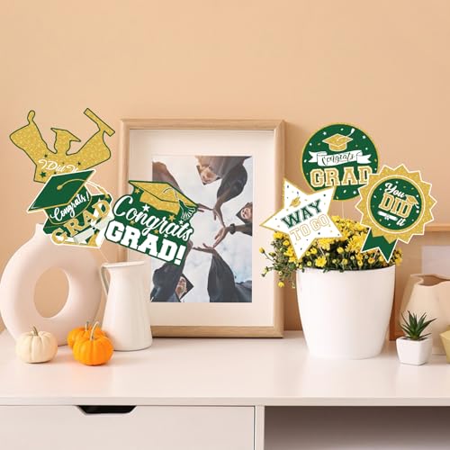 Image of 2026 Graduation Party Decorations - 24 Pcs Class of 2026 Congrats Grad Table Centerpieces Graduation Table Decorations Sticks Table Toppers for Graduation Party (Green Gold)