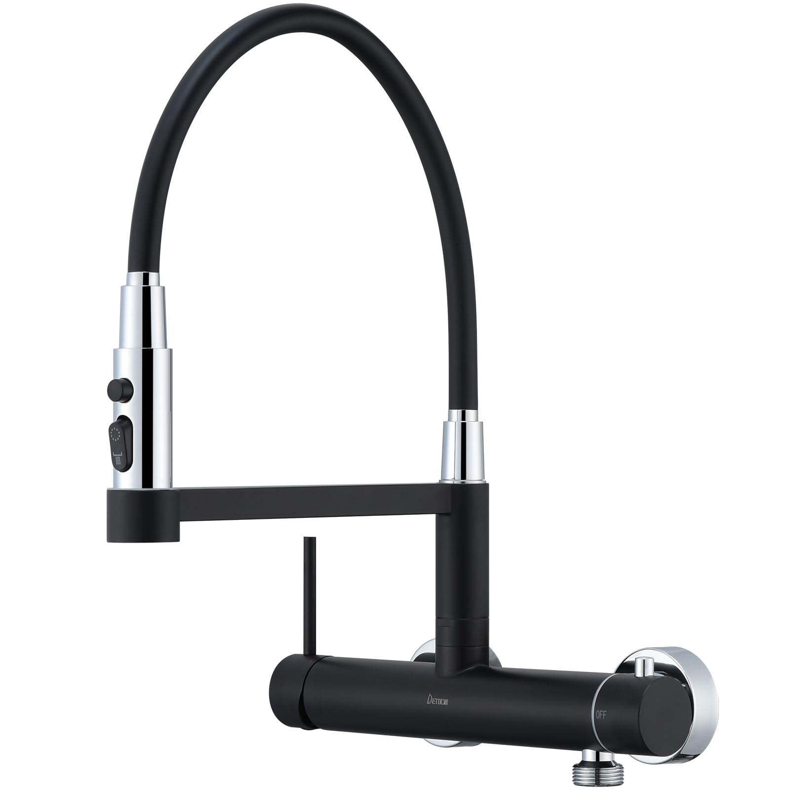Rubinetto da Cucina a Muro con Attacco 3/4, DETBOM Rubinetto Lavello Cucina Nero in Acciaio Inox Girevole a 360°, Miscelatore Cucina Flessibile con 3 Tipi di Getto, Altezza Totale 385 mm, Nero