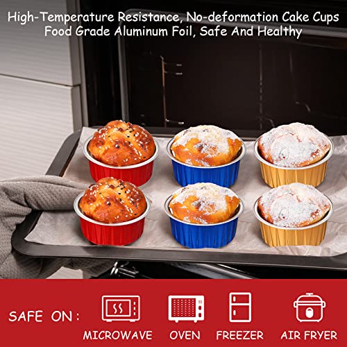 150 Pcs Cupcake Liners With Lids 5 Oz Aluminum Foil Cupcake Baking Cups Disposable Ramekins Muffin Cups Mini Aluminum Pans With Lids Cupcake Holder For Creme Brulee Or Cupcake(Gold, Red, Royal Blue) #TOP3