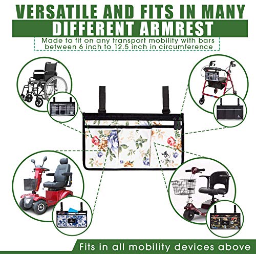 Wheelchair Side Bag - Arm Rest Pouch - Wheel Chair Accessories Organizers - Fits Walkers, Rollators, Scooters (Flower)