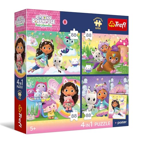 Trefl - Puzzles 4 en 1 : La Maison de poupées de Gabby, L'heure de Jouer du Chaton - 4 x 88 pièces - Affiche Originale, Lot de Quatre Puzzles pour Les Enfants à partir de 5 Ans