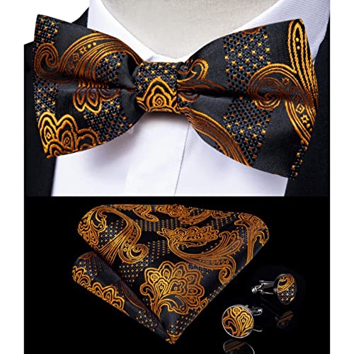 Sdfgh Gold Black Men's Suspenders Set Real Leather 6 Clips Suspenders Braces Wedding Silk Suspenders Bow Tie Set (Color : As Shown, Size : One Size) #TOP2