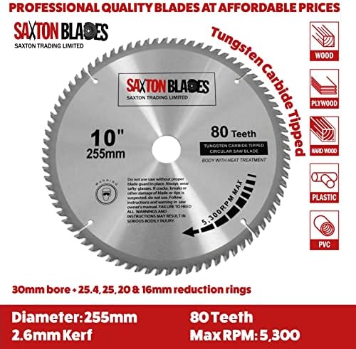 TCT25580T Saxton TCT Circular Wood Saw Blade 255mm x 30mm x bore x 80T for Bosch Makita Dewalt