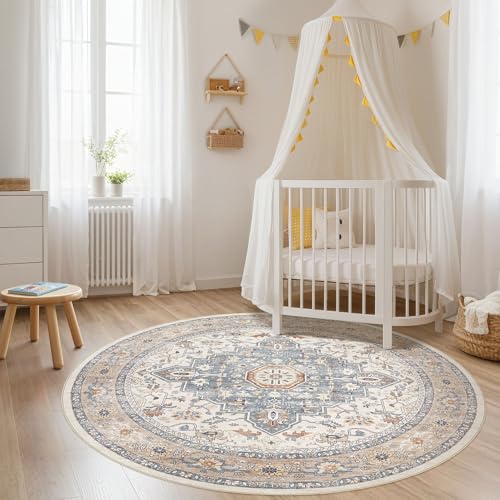 Round Rug Living Room Rugs: 5Ft Washable Boho Neutral Large Circle Soft Indoor Distressed Stain Resistant Floor Farmhouse Carpet for Bedroom Nursery Kids Playroom Office Dining Room Dorm- Beige Blue