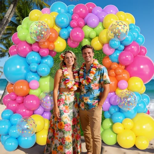 Image of Ouddy Life 157 Pcs Tropical Balloons Arch Garland Kit, Hot Pink Blue Yellow Lime Green Orange Purple Rainbow Colorful Balloon Different Size for Summer Hawaiian Luau Aloha Birthday Party Decorations