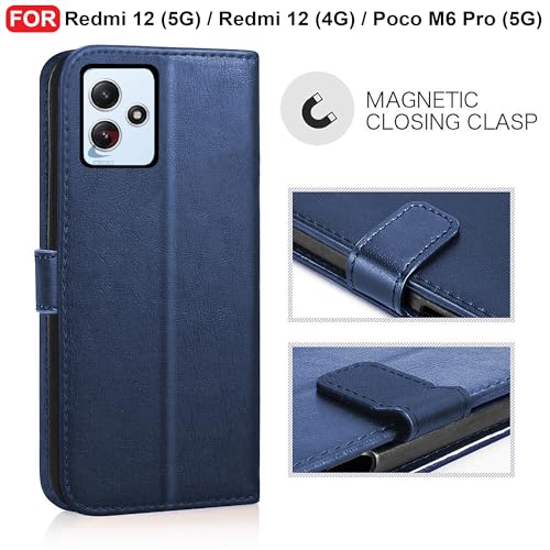 Image of CEDO Flip Cover for Redmi 12 (5G) / Redmi 12 (4G) / Poco M6 Pro (5G) | Leather Finish | Inside Pockets & Inbuilt Stand | Shockproof Wallet Style Magnetic Closure Back Case Flipcover (Blue)