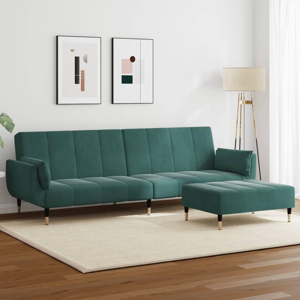 Sofá cama verde oscuro con taburete acolchado en terciopelo fino