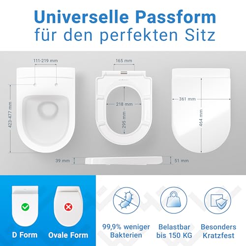 LOBENSWERK WC Sitz D Form [LANG] einfache Montage | Toilettendeckel mit Absenkautomatik | WC-Sitz D-Form, Klodeckel, Klobrille, antibakteriell & UV-beständig inkl. Installationsschablone