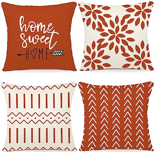 YCOLL Burnt Orange Linen Pillow Covers 20x20 Set of 4, Home Sweet Home Farmhouse Throw Pillow Covers, Holiday Decorative Cushion Covers for Sofa Couch Bed, Autumn Burnt Orangeic Fall Decor
