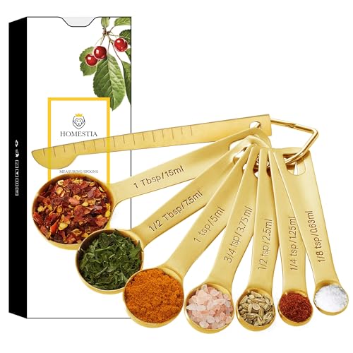 Homestia Stainless Steel Gold Measuring Spoons Set of 6 Pcs: 1/8 tsp, 1/4 tsp, 1 tsp, 1/2 tbsp, 1 tbsp Heavy Duty for Cooking and Baking