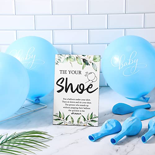 Image of Roowest 51 Pcs Tie Your Shoe Baby Shower Game Sign Wooden Sign Greenery Gift Sets Gender Reveal Party Favors 50 Balloons Latex Balloons for Game Wedding Supplies(Blue,Leaf)
