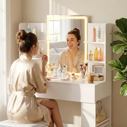 Image of Furmax Vanity Desk with Mirror and LED Lights, White with Bench
