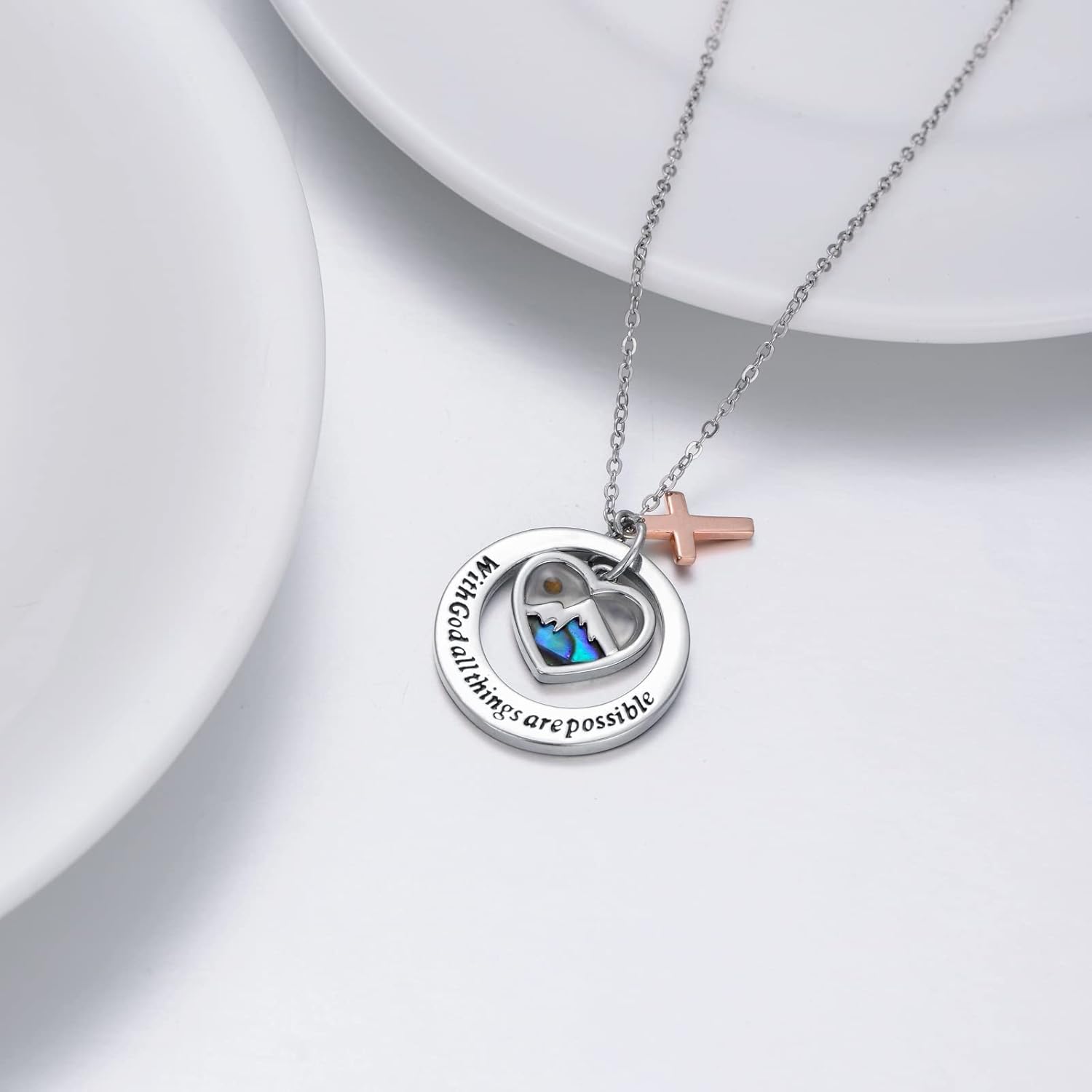 AOBOCO Two-Tone Sterling Silver and Rose Gold or Gold-Faith Hope Love Cross Charm Pendant Necklace with Austrian Crystal - Image 2